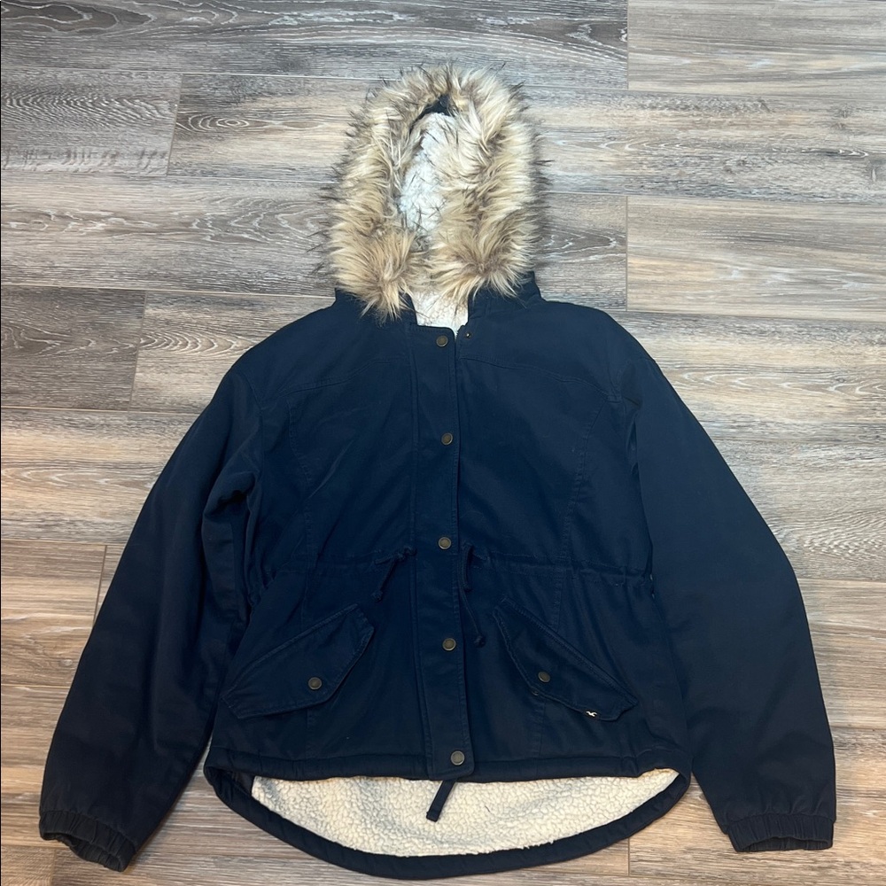 Hollister Heritage Collection Navy Blue Utility Jacket with Faux Fur Hood